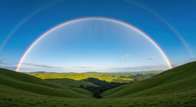 A vibrant double rainbow arches over rolling green hills under a bright, clear blue sky