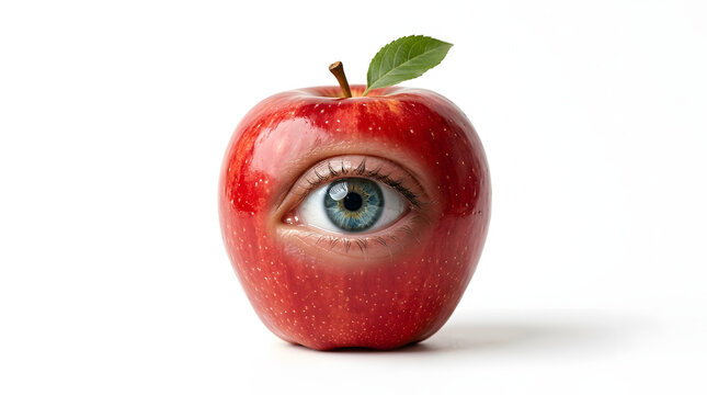Surreal red apple with realistic human eye isolated on white background