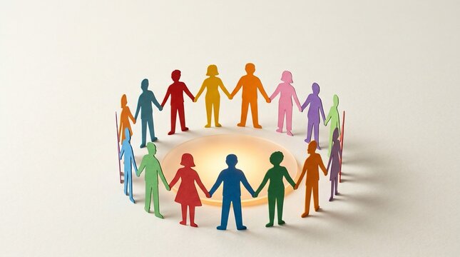 Diverse people holding hands in a circle with bright light in center
