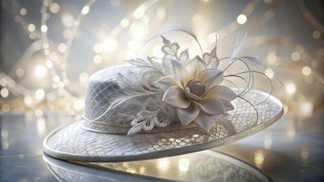 A delicate fascinator perched atop a gleaming silver hat rests against a pristine white background of intricate lace