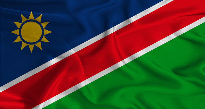 Colorful flag of Namibia with a silky fabric texture waving. Realistic Namibia flag waving