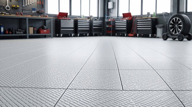 Modern garage interior features light gray interlocking rubber floor tiles. Workbenches tools and tool chests are organized neatly. A tire on a trolley sits ready for service.