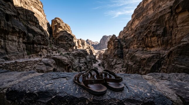 Pair of leather sandals on a rock ledge overlooking a deep canyon, desert landscape with steep rock walls.