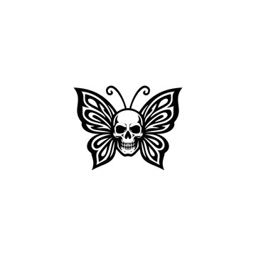 Skull butterfly black and white vector illustration. Gothic moth tattoo logo design on white background