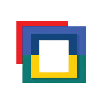 Minimalist abstract illustration of overlapping colorful geometric square frames on white background