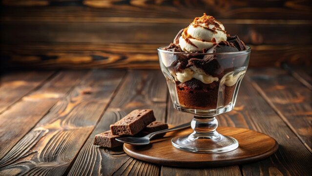 A decadent dessert delight featuring a rich brownie sundae in crystal glass stands alone on a minimalist wooden table