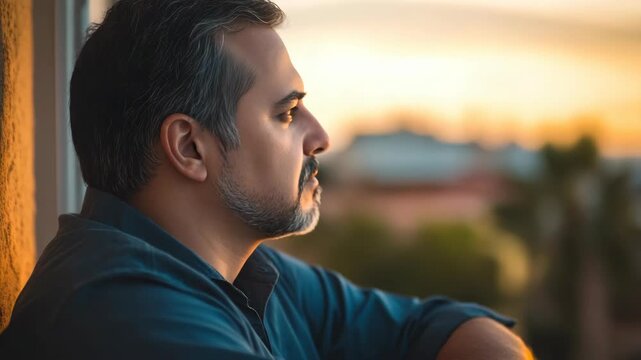 Man leans against window frame, gazing outward. Soft golden light bathes his face, casting warm glow. He rests arm along window sill, posture relaxed