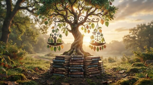 Tree of knowledge balanced with nature and justice in sunlight