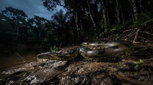 Anaconda slithering on riverbank