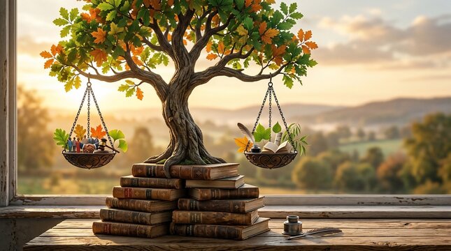 Tree of knowledge balanced with nature and wisdom symbols on books