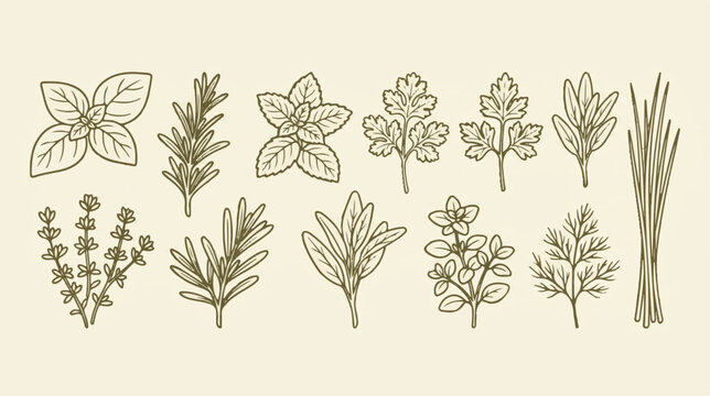 Vintage hand drawn culinary herbs vector set, botanical line art herb collection, organic kitchen spices and garden greenery illustrations