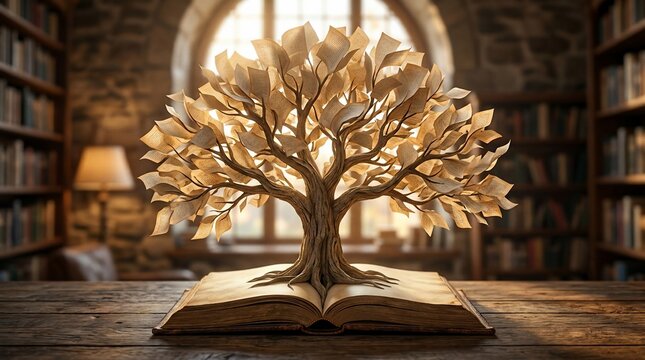 Tree of knowledge growing from open book in library setting