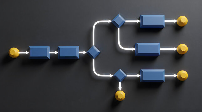 3D flowchart diagram illustrating process workflow and decision tree along with geometric shapes