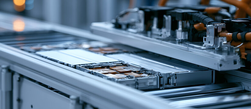 A clear image focusing on lithium ion cells during the manufacturing process for high-voltage electric vehicle batteries, showing a conveyor belt transporting high-capacity batteries for the automotiv