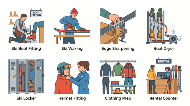 Set of winter sports resort services and equipment maintenance icons.