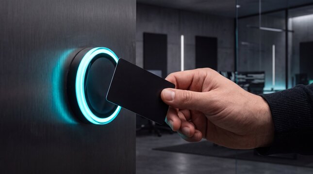 A person using a black access card to unlock a secure door by tapping it against a circular ad social media download thambnail poster web template event festival 2026 2027 2028