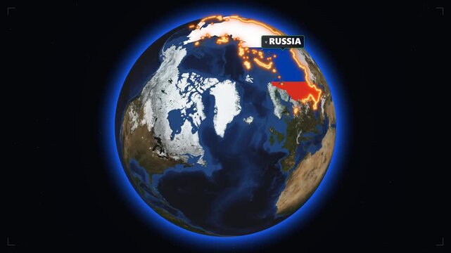 3 d animated globe highlighting russia with national flag overlay and glowing borders for news, geopolitics, and global business presentations