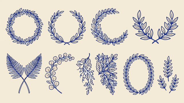 Vintage laurel wreath collection, hand drawn botanical leaf borders, blue ink floral frames set of 10 vector elements for wedding stationery