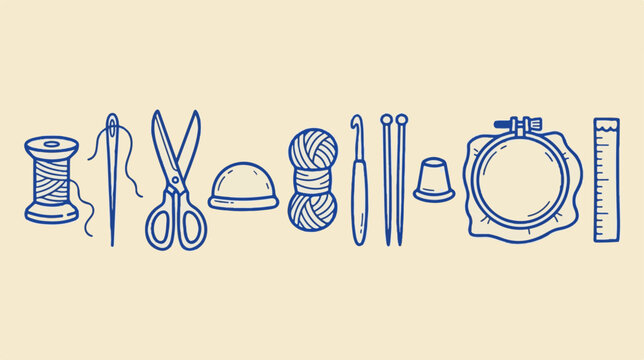 Minimalist sewing icons set, blue line art needlework tools, embroidery and knitting equipment vector illustrations for craft blogs