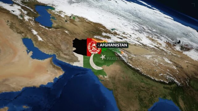 3 d animated map of afghanistan and pakistan with capital cities, kabul and islamabad, global geography motion for news and documentary