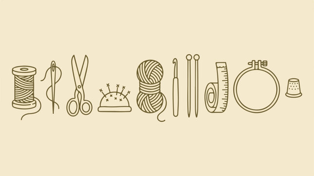 Vintage sewing kit icons, minimalist needlework and knitting tools, retro craft supplies vector set for hobby branding