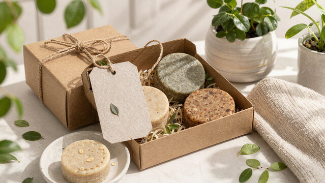 A gift box holds four rounds of handmade soap in different colors and textures. The setting includes plants and a towel on a light table