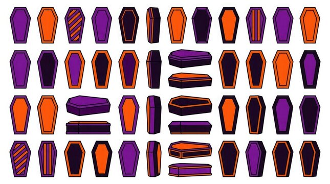 Collection of colorful coffin shapes arranged in a grid pattern for halloween designs
