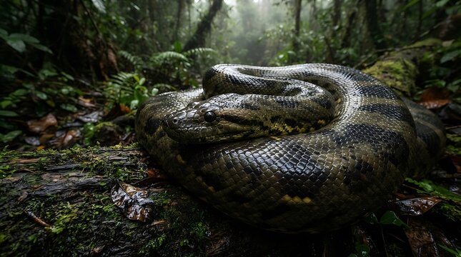 Green anaconda resting on log