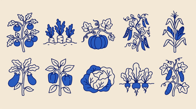 Vintage vegetable garden icons, blue line art vegetable plants set, 10 organic farm produce vector illustrations for packaging