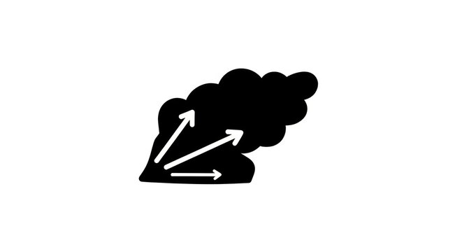Black smoke with white arrows rising.