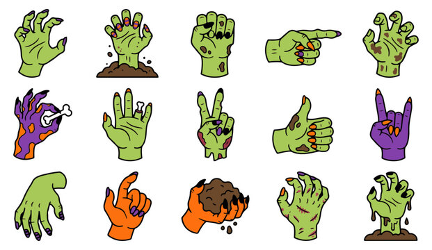 Set of scary zombie hand gestures and poses with halloween pointing illustration collection isolated background fingernails movement