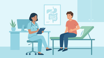Fototapeta premium Doctor consulting patient in clinic, anatomical chart on wall, medical examination