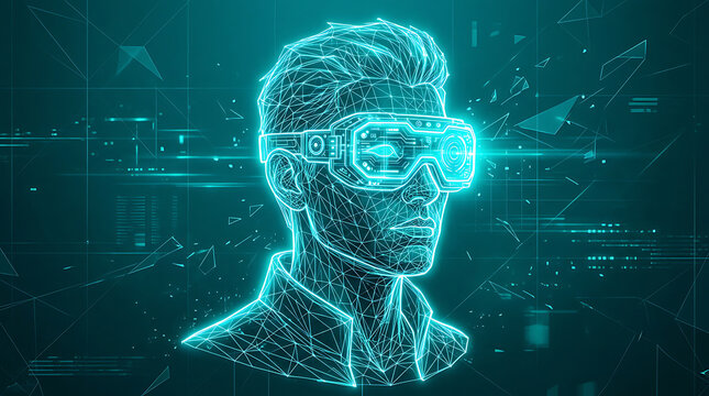 Futuristic digital illustration of a male figure wearing augmented reality goggles with complex technology interface overlays