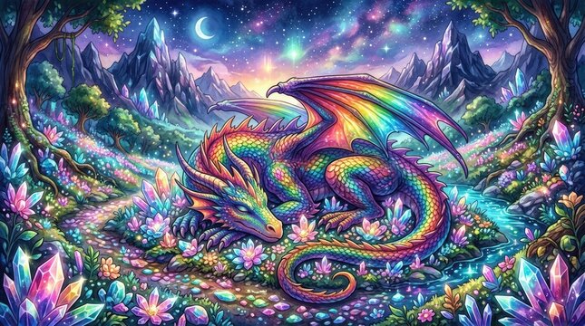 Colorful rainbow dragon sleeping in mystical crystal garden.