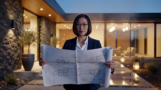 Architect woman reviews blueprint outside modern house at evening. Female examines building plan near property. Architect studies blueprint at house. Woman with architectural plan outside house.