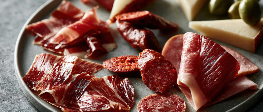 Gourmet close-up photo of a charcuterie board with sliced jamon, prosciutto, chorizo, salami, manchego cheese, and green olives. Spanish tapas and antipasto appetizer concept.