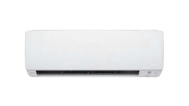 Air conditioner illustration set, wall mounted unit smooth panel dark vents festive vector artwork