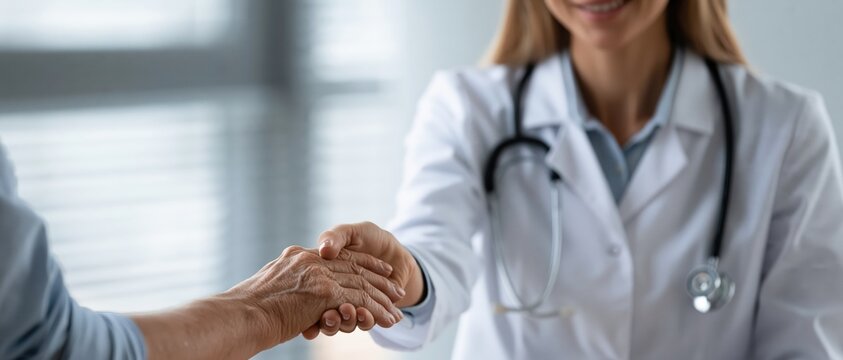 compassionate female doctor in a white lab coat with a stethoscope draped around her neck, gently holding a senior patient's hand with both hands in a reassuring gesture inside a brightly lit clinic.
