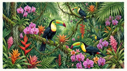 Obraz premium Colorful toucans perched in dense tropical rainforest.