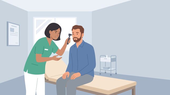 Doctor examining patient's ear with otoscope in medical examination room