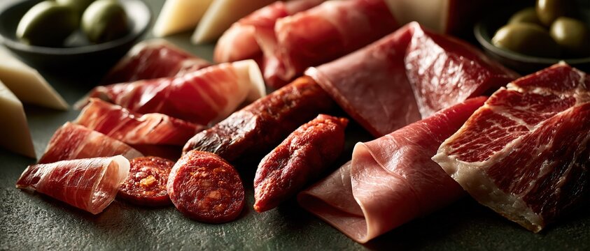 Gourmet close-up photo of a charcuterie board with sliced jamon, prosciutto, chorizo, salami, manchego cheese, and green olives. Spanish tapas and antipasto appetizer concept.