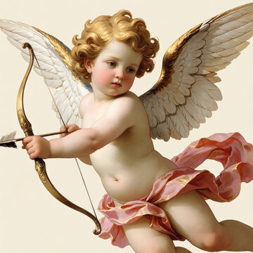 Golden winged cherub aims bow and arrow. Baby angel with blond curly hair wears pink sash. Mythical figure flying, ancient symbol of love, romance, and desire. God of love.
