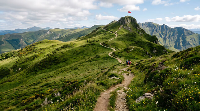 Scenic mountain trail winding through lush green hills leading to a peak with a red flag under a partly cloudy sky perfect for