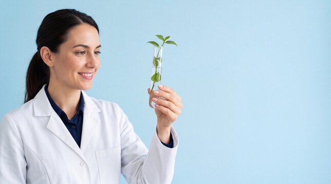 Female scientist in a white lab coat holding a glass test tube with a small green plant ad social media download thambnail poster web template event festival 2026 2027 2028