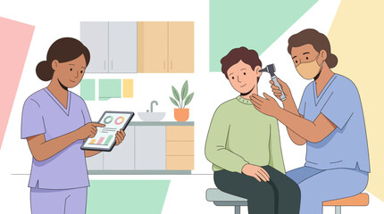 Fototapeta premium Doctor examines patient's ear, nurse holds tablet in clinic, medical illustration