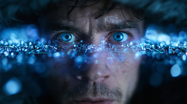 Futuristic Man Looking Through Glowing Blue Cyber Screen