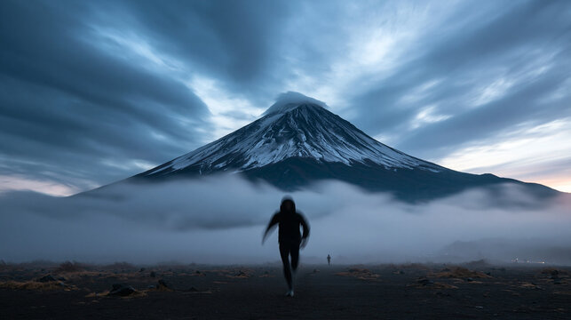 Runner Silhouette in Front of Majestic Snow Capped Volcano