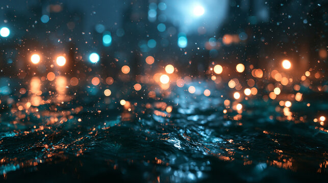 Rain Drops Splashing on Wet Surface with Bokeh City Lights
