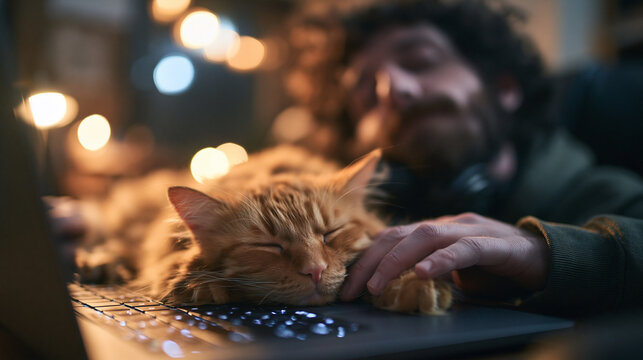 Cat Sleeping on Laptop Keyboard Beside Owner Working Late