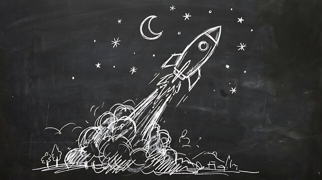 Creative chalkboard illustration of a rocket launching into space with stars and moon in a night scene